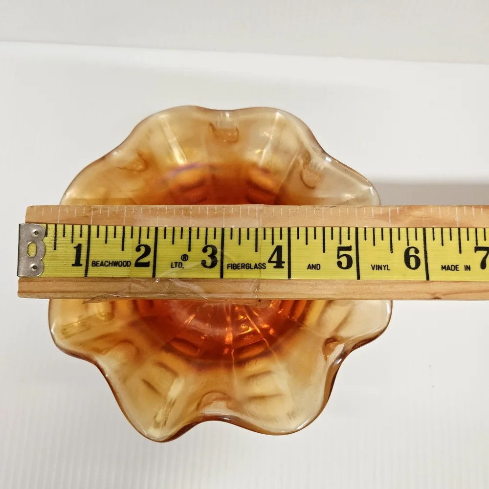 Marigold Carnival Glass Pedestal Ruffled Edge Compote Candy Dish Vintage